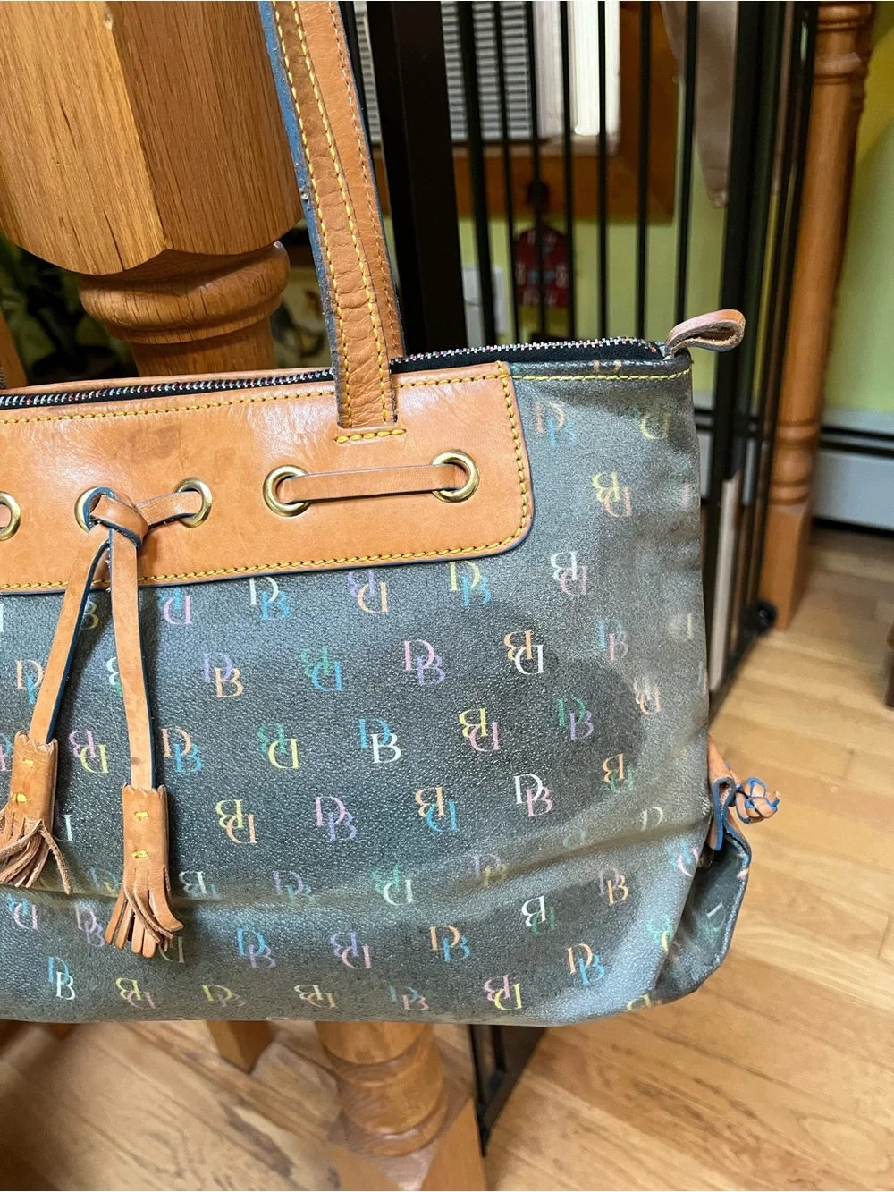 Dooney & Bourke y2k Multicolor Logo Canvas Satchel Bag with Brown Leather Trim